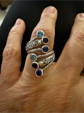 Samuel B. Silver Spiral Wrap Ring with Blue Gemstones